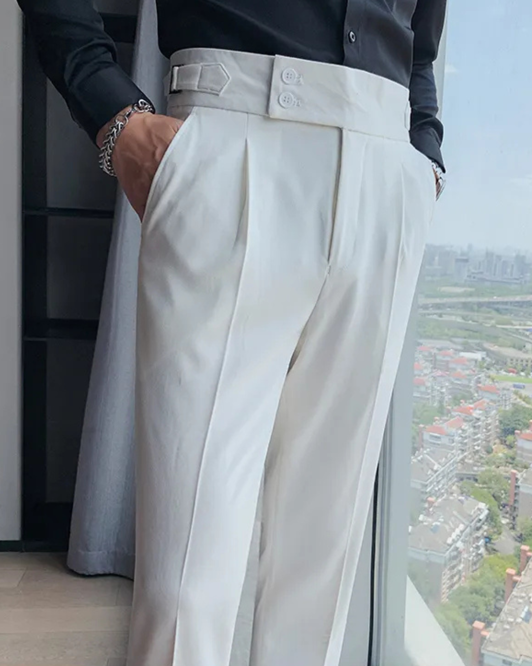 Men's White Straight Fit Pleated Gurkha Pants