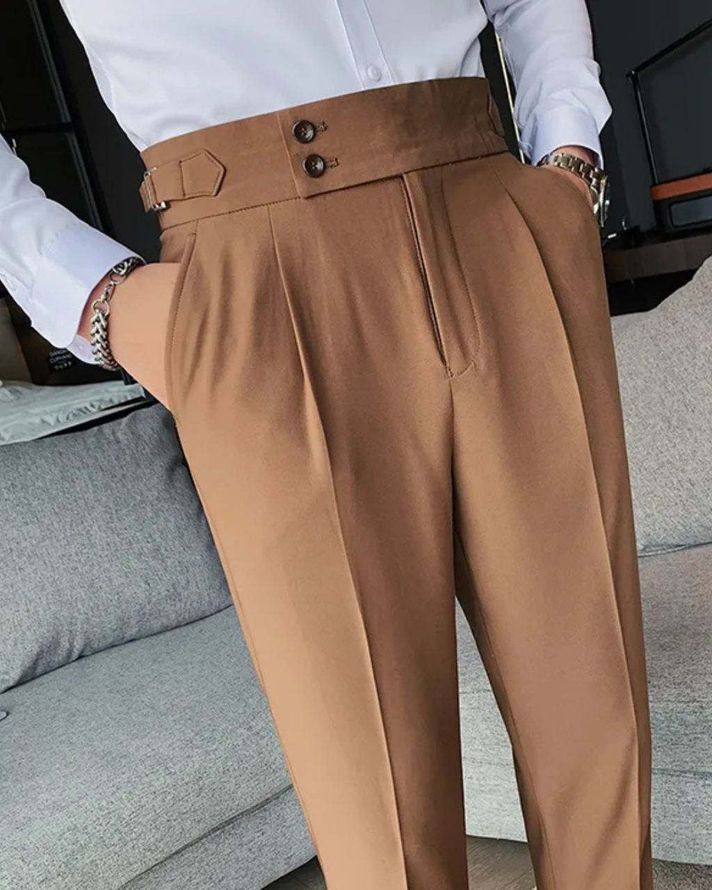 Men's Brown Straight Fit Pleated Gurkha Pants