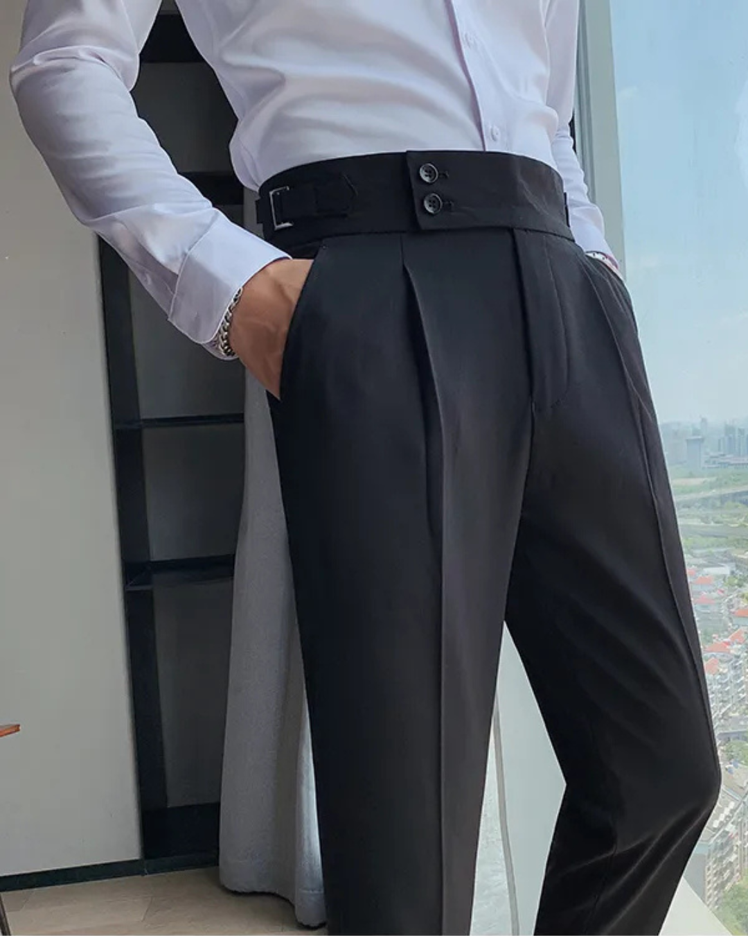 Men's Black Straight Fit Pleated Gurkha Pants