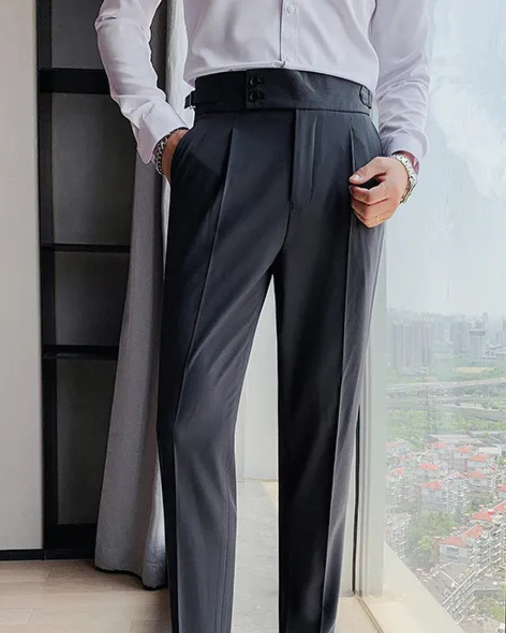 Men's Black Straight Fit Pleated Gurkha Pants