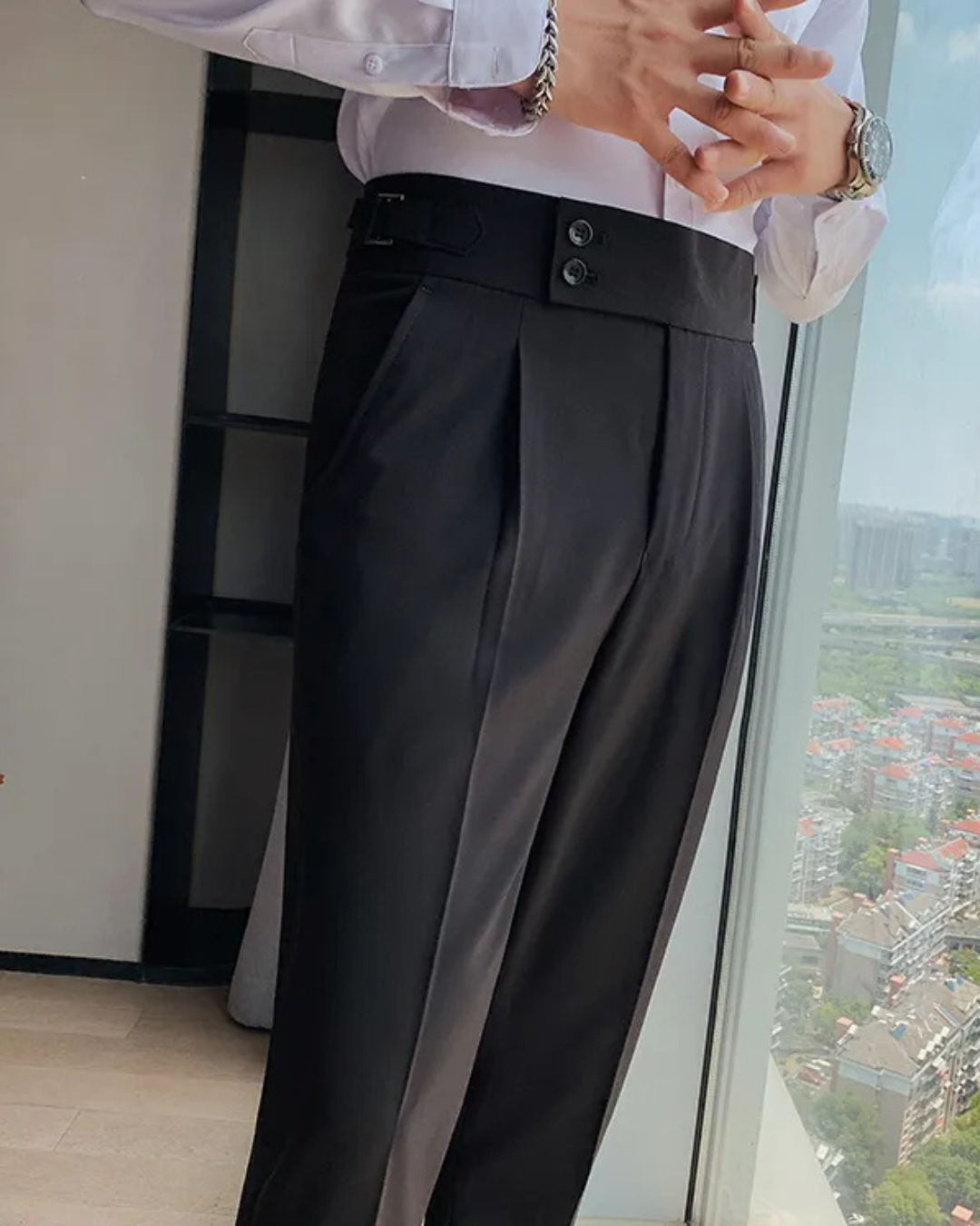 Men's Black Straight Fit Pleated Gurkha Pants