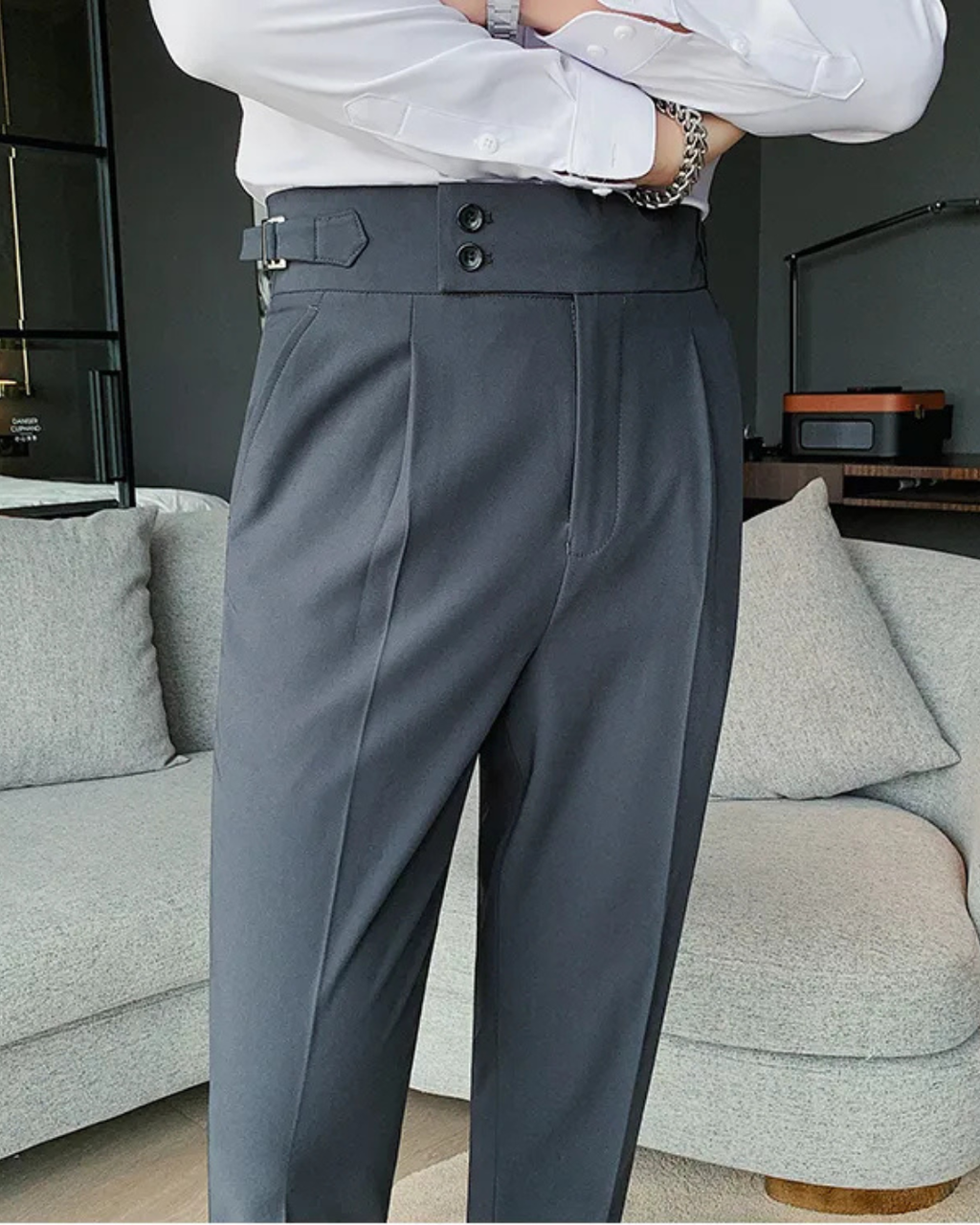 Men's Dark Gray Straight Fit Pleated Gurkha Pants