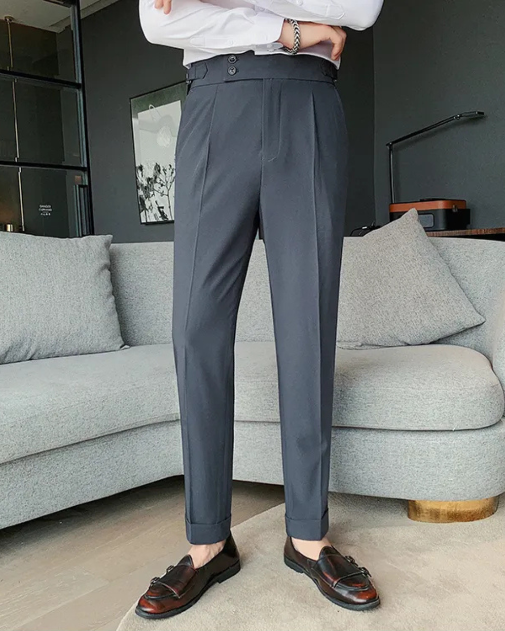 Men's Dark Gray Straight Fit Pleated Gurkha Pants