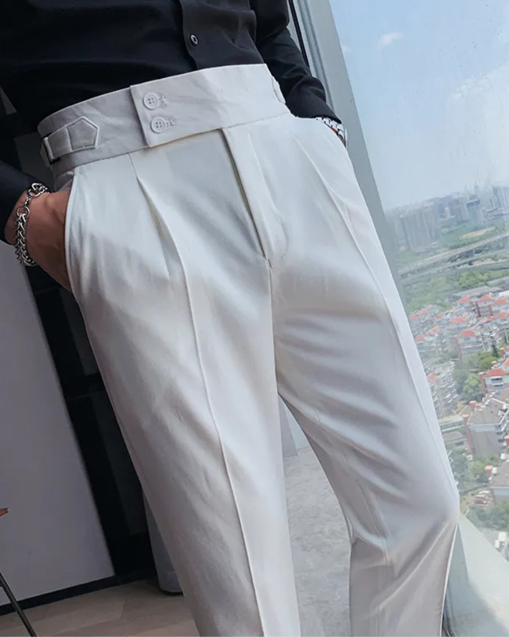 Men's White Straight Fit Pleated Gurkha Pants