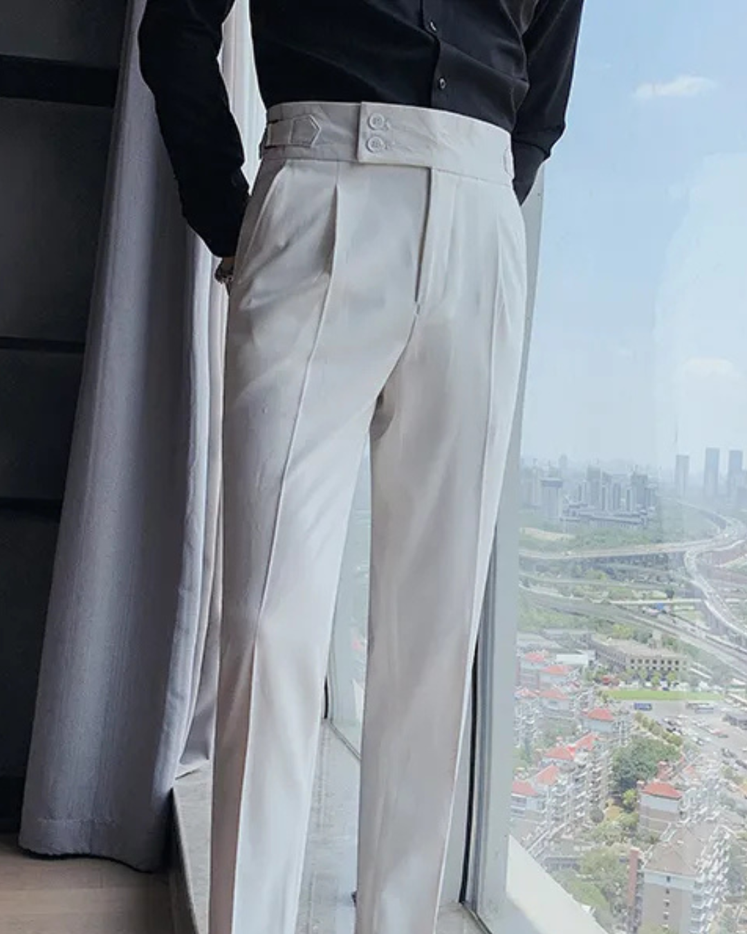 Men's White Straight Fit Pleated Gurkha Pants