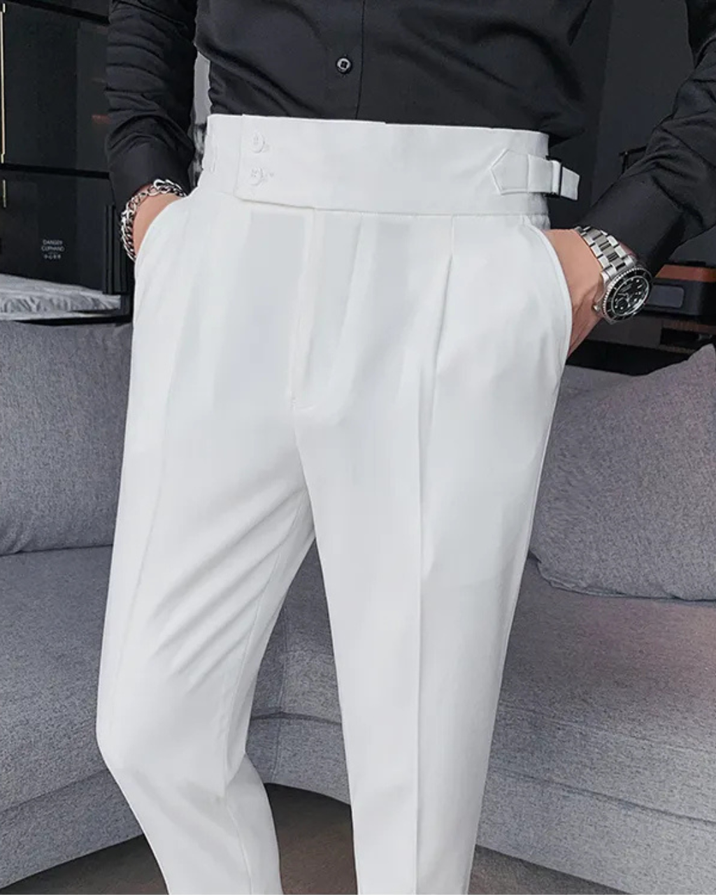 Men's White Straight Fit Pleated Gurkha Pants