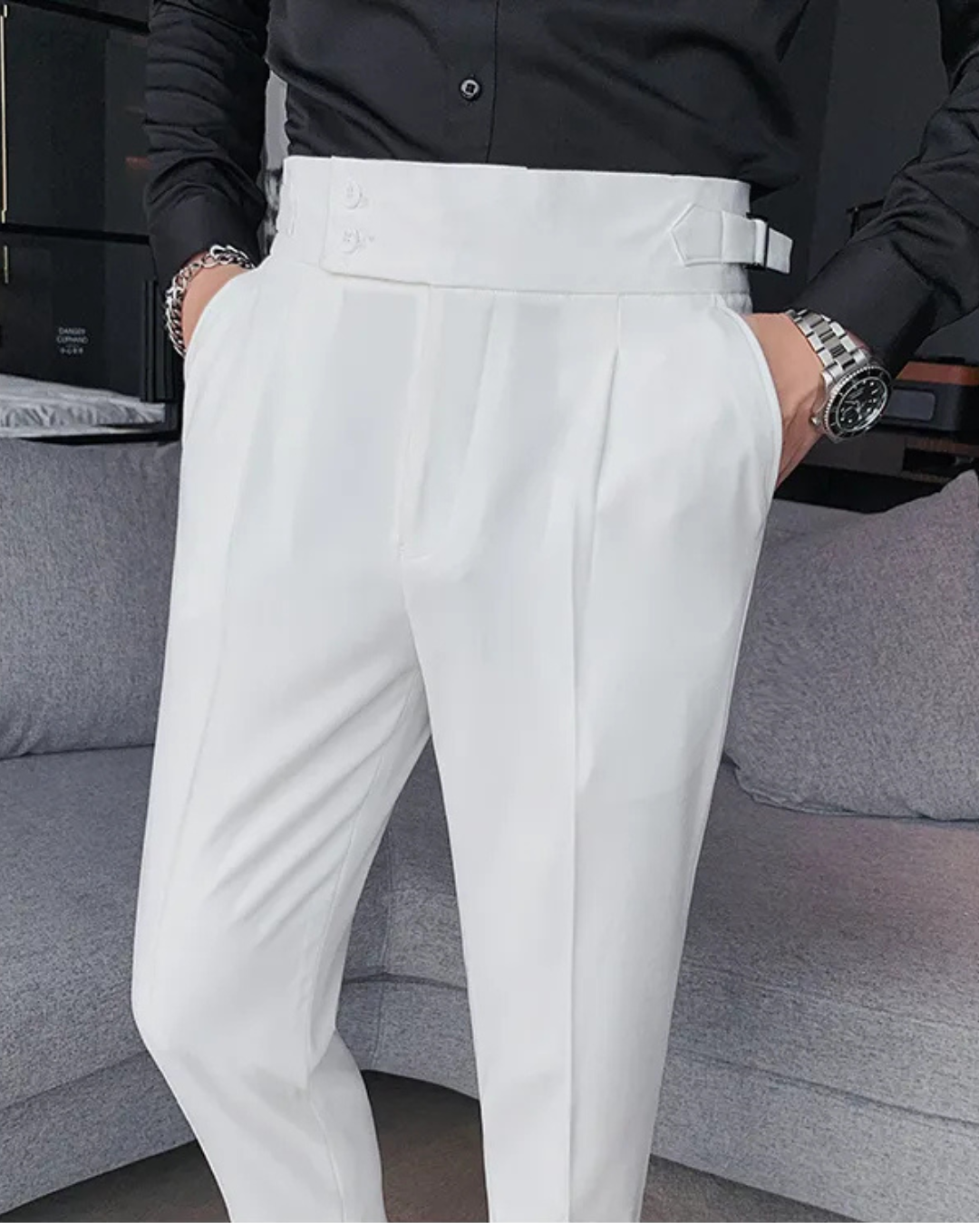 Men's White Straight Fit Pleated Gurkha Pants