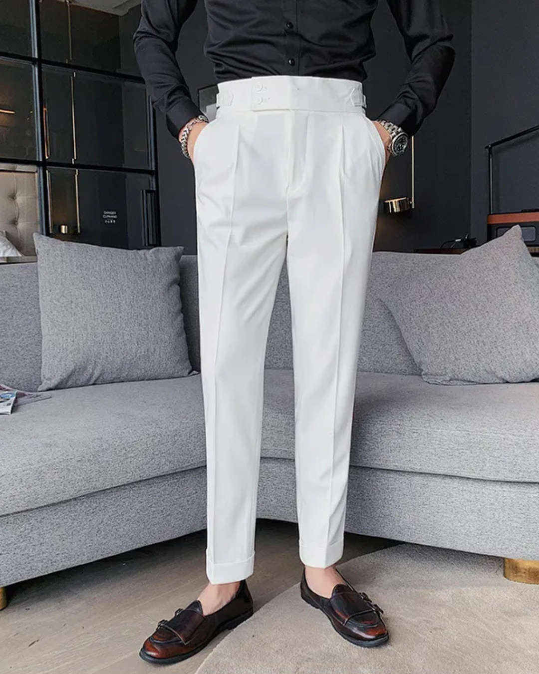 Men's White Straight Fit Pleated Gurkha Pants