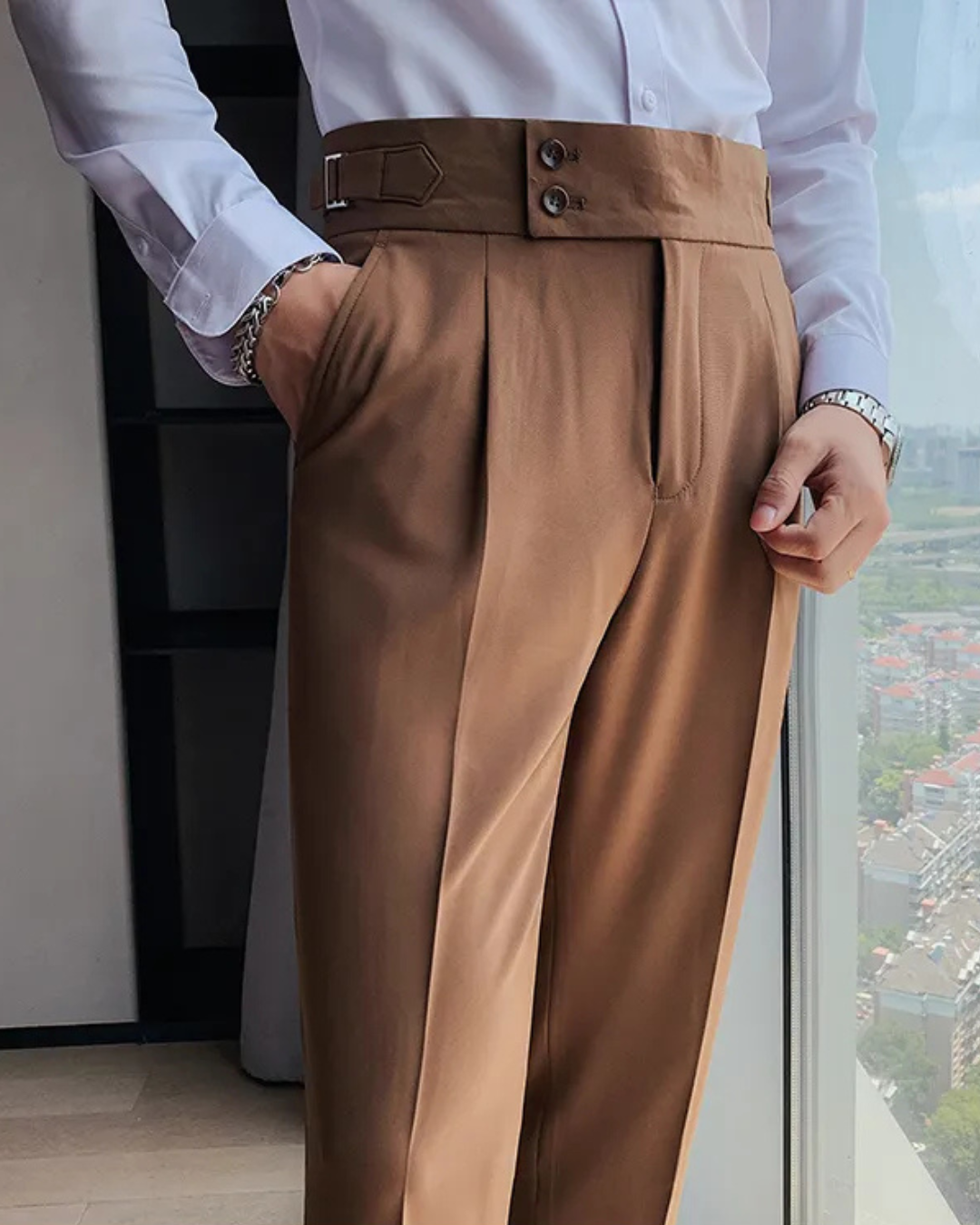 Men's Brown Straight Fit Pleated Gurkha Pants