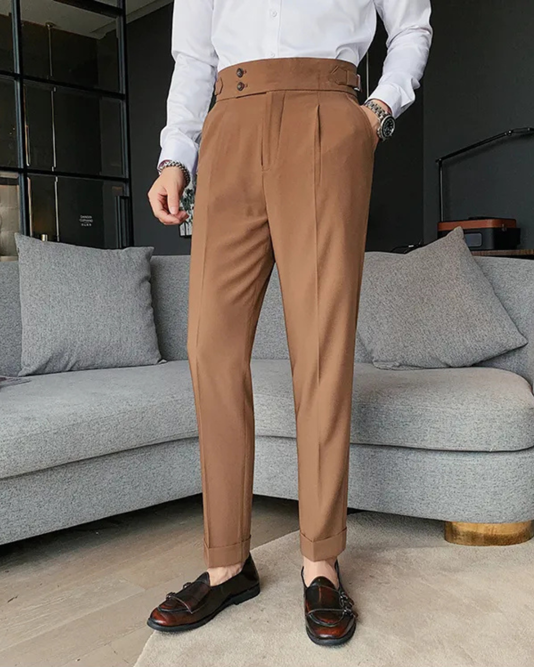 Men's Brown Straight Fit Pleated Gurkha Pants