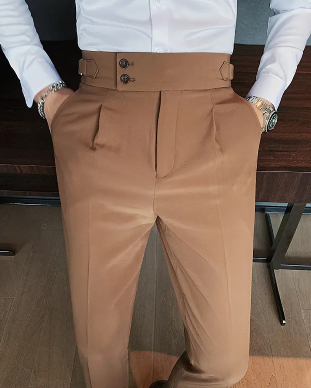 Men's Brown Straight Fit Pleated Gurkha Pants